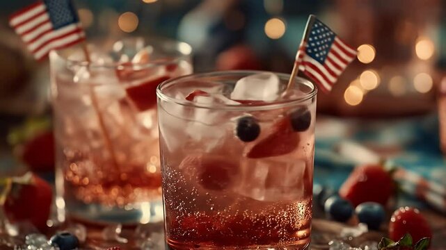 Red berry cocktail with festive flags close up