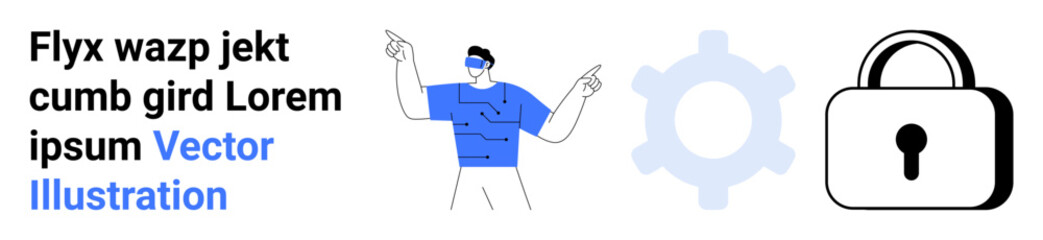 Person pointing to digital interface, gear, and padlock representing technology, data security, and privacy. Ideal for cybersecurity, data protection, tech services, software analytics and simple