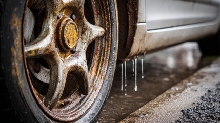 Close-up view of corroded sheet metal over wheel arch of old white car, showing rusty surface with water droplets, damaged paint, dirty texture, road salt decay, aging vehicle and maintenance issues