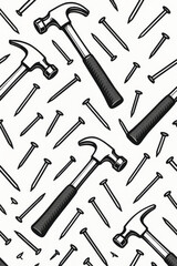 Seamless pattern hammer nails tools construction carpentry DIY building hardware background. Hand-drawn vintage monochrome texture vector design workshop handyman craft