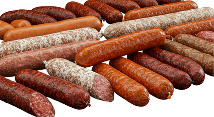 Isolated Close Up Photo of Pile of Delicious Sausages and Cold Cuts