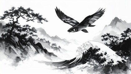 Fototapeta premium 墨絵で描かれた飛び魚の空中滑走の瞬間