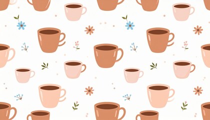 Obraz premium Pastel Coffee Cups and Flowers Seamless Pattern