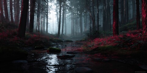 Fototapeta premium red and black forest with fog