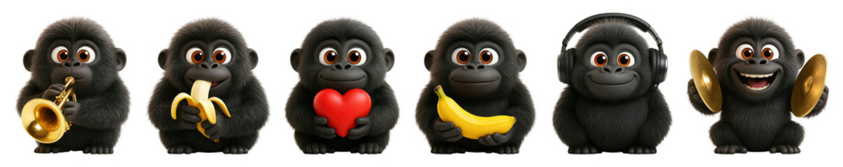 Obraz premium PNG Cute monkeys with various objects, element set on transparent background
