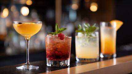 Enjoying a Vibrant Selection of Cocktails on a Stylish Bar Counter in a Dim Atmosphere During Evening Hours Generative AI