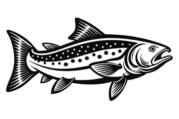 Black and White Illustration of a Spotted Trout Fish with Open Mouth