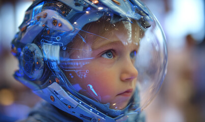 A young boy with blue eyes wearing a futuristic helmet with transparent visor and blue accents looking ahead