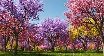Naklejka premium Colorful spring landscape with flowering trees, trees with colorful leaves, clear blue sky, nature