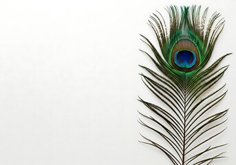 A single peacock feather displays vibrant colors against a white background