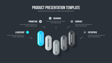 Company Planning Slide Layout Vector Illustration. Sales Overview Five Element Diagram Presentation Template. Visual Campaign 5 Option Infographic Slideshow Design.