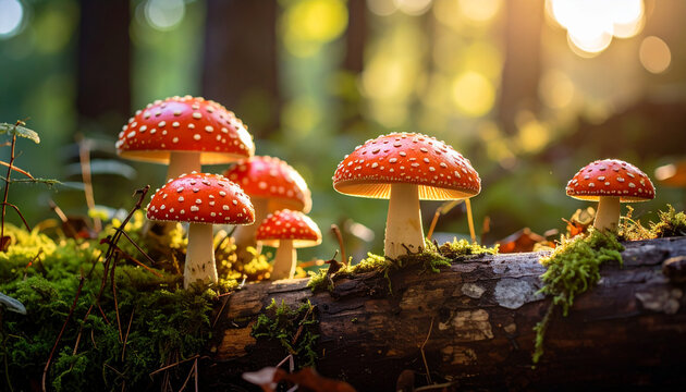 Mushrooms with red caps, green moss in forest. Natural scenery.