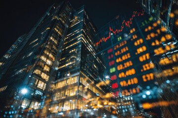 Night cityscape with stock market data reflected on skyscrapers
