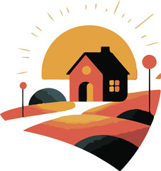 Serene Landscape with a House and Sun
