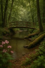 Forest with Wooden Bridge and Mossy Log – Romantic Fall Portrait Background
