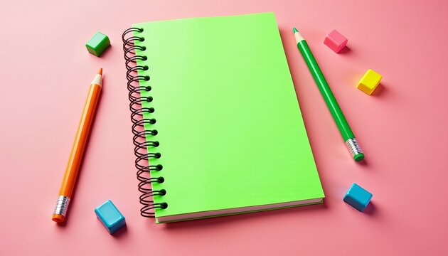 Back to School Inspiration A Blank Neon Green Notebook with Various Pencils Ready for New Ideas