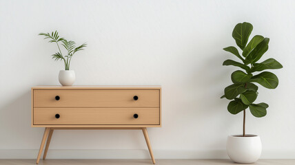 Minimalist interior features wooden sideboard with black knobs and potted plant on top, set against white wall. large potted plant stands beside it, creating serene atmosphere