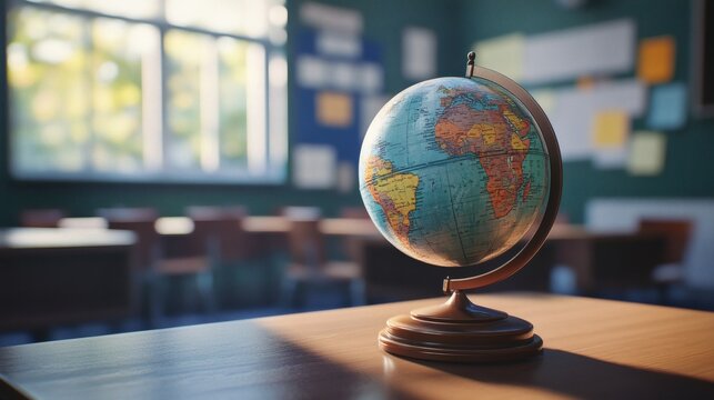 School classroom with a globe, maps, and geography lessons in progress.