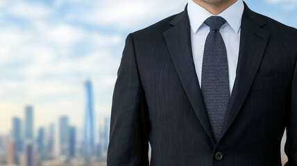 Man in formal suit stands confidently against blurred cityscape background, symbolizing professionalism and business success. image conveys sense of ambition and corporate achievement