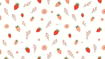 A pattern background with small and cute strawberries and flowers and leaves arranged randomly.