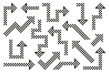 Collection set of pixel dotted arrow in different directions. Vector illustration on isolated background.