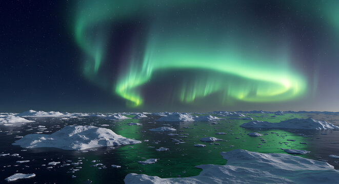 Vibrant aurora borealis illuminating the arctic waters with icebergs floating below