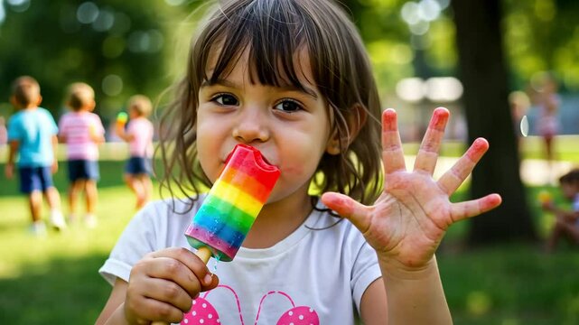 Girl with a rainbow popsicle in the summer