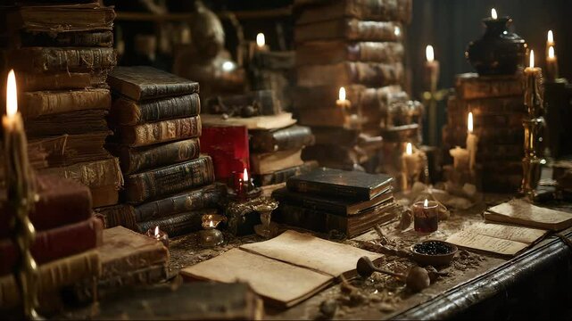 Witch&rsquo;s alchemy lab filled with ancient books and melting candles. Forbidden spells and forgotten formulas rest in dusty tomes. Alchemy meets mysticism in candlelit silence.