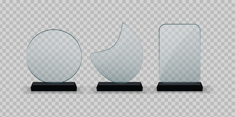 Trophy of glass award. Plexi glass award. Plate of acrylic trophy. Stand of crystal for prize of winner. Mockup of realistic of plexiglass for cup of champion. Acrilic badge for win. Vector.