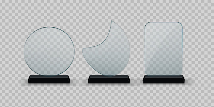 Trophy of glass award. Plexi glass award. Plate of acrylic trophy. Stand of crystal for prize of winner. Mockup of realistic of plexiglass for cup of champion. Acrilic badge for win. Vector.