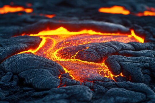 Fiery lava cracks in close-up, revealing intense volcanic force.