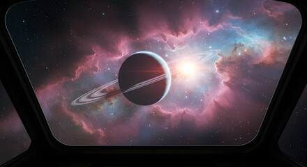 Cosmic Voyage: A Glimpse Through a Spaceship Window into a Nebula and Planetary System