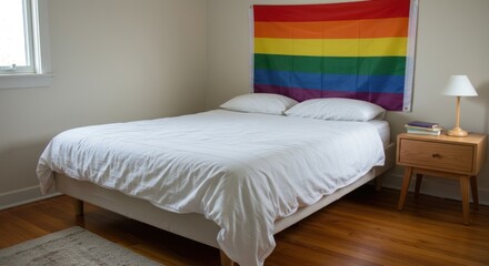 Bedroom with Rainbow Flag, White Bedding, Nightstand