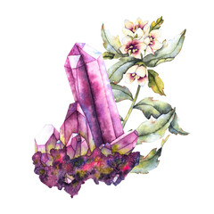 Watercolor illustration of purple amethyst crystals with henbane flower. Ideal for mystical branding, esoteric blogs, herbal packaging, witchcraft visuals or holistic product design.