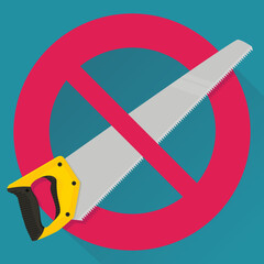 Hand saw with a circular red strikethrough prohibition symbol on a blue background with long shadow in flat design style