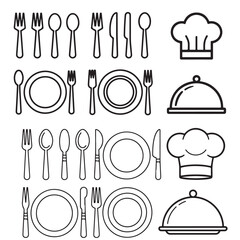 Restaurant Menu Icons Cutlery, Plates, Chef Hats, and Food Domes, Fork, spoon, knife, plate, chef hat, and cloche or tray icons