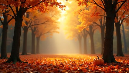 Burning trees illuminate the vibrant autumn forest landscape with fiery leaves and sunlit paths