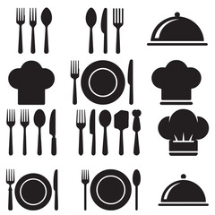 Restaurant Menu Icons Cutlery, Plates, Chef Hats, and Food Domes, Fork, spoon, knife, plate, chef hat, and cloche or tray icons
