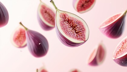 Fresh Ripe Whole And Cut Figs Floating In The Air On A Pastel Pink Background. High-Resolution Photograph Capturing The Beauty.