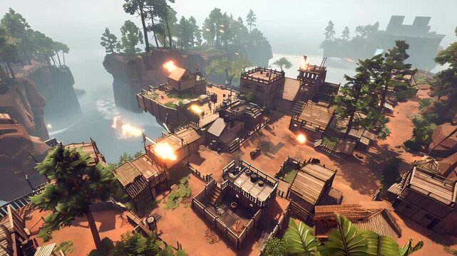 Aerial view of a vibrant, animated village under siege with explosions and smoke in the background