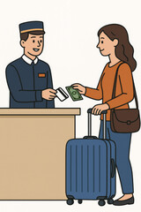 Obraz premium Hotel check-in scene. Reception desk guest paying cash money to concierge staff in uniform. Suitcase luggage travel tourism hospitality service customer business transaction