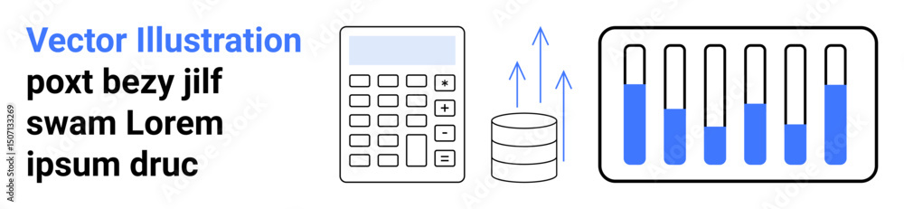 Poster calculator, database with upward arrows, bar chart with progress. ideal for finance, analytics, tech
