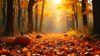 Red, yellow, and orange autumn leaves color the forest path, where golden trees and green woods create a colorful nature landscape