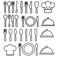 Restaurant Menu Icons Cutlery, Plates, Chef Hats, and Food Domes, Fork, spoon, knife, plate, chef hat, and cloche or tray icons