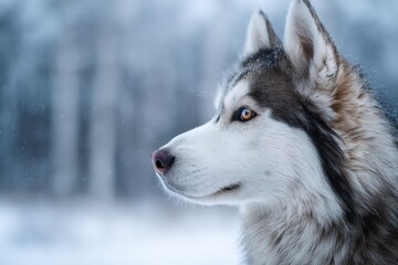 Fototapeta premium Dog with striking blue eyes gazes intently, head turned to side. Fluffy fur blends into snowy surroundings, ears perked. Wintery atmosphere with soft-focus forest background