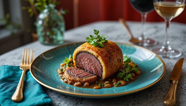 A plate of beef wellington with gold cutery and a glass of red wine.