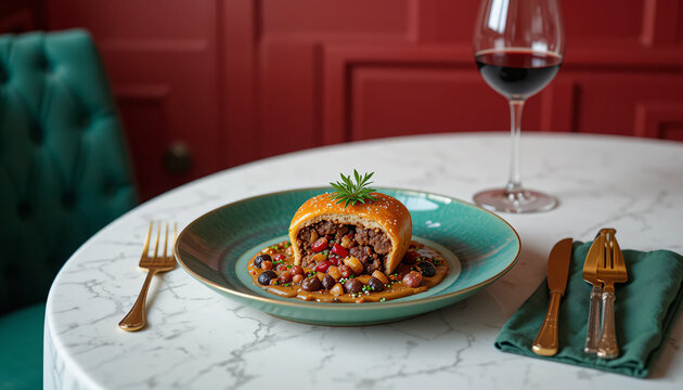 A plate of beef wellington with gold cutery and a glass of red wine.