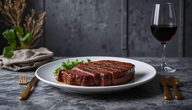 A plate of beef steak with gold cutery and a glass of red wine in a luxury restaurant.