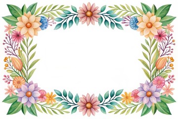 Botanical watercolor frame with assorted floral elements Floral border design with colorful flowers and leaves, ideal for card creation.