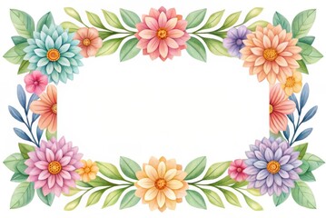 Fototapeta premium Botanical watercolor frame with assorted floral elements Floral border illustration with pastel flowers and leaves.